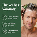 Man washing hair with Korean Scalp Revival Bar with text highlighting thicker hair naturally