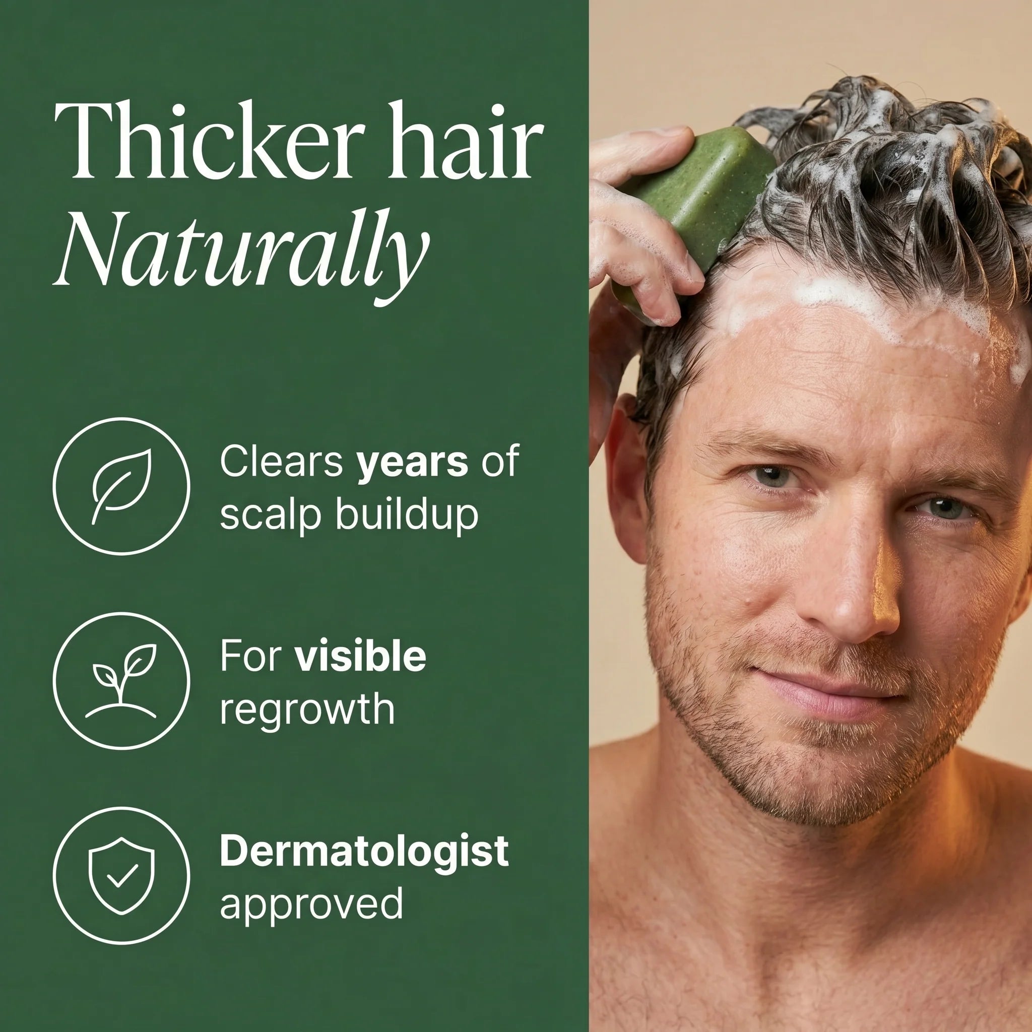 Man washing hair with Korean Scalp Revival Bar with text highlighting thicker hair naturally