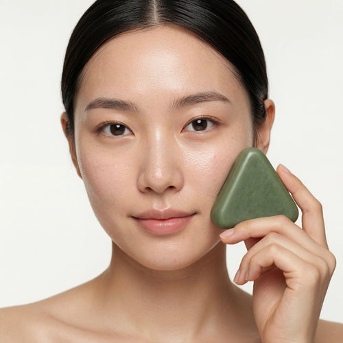 Woman holding a green Korean Scalp Revival Bar next to her face