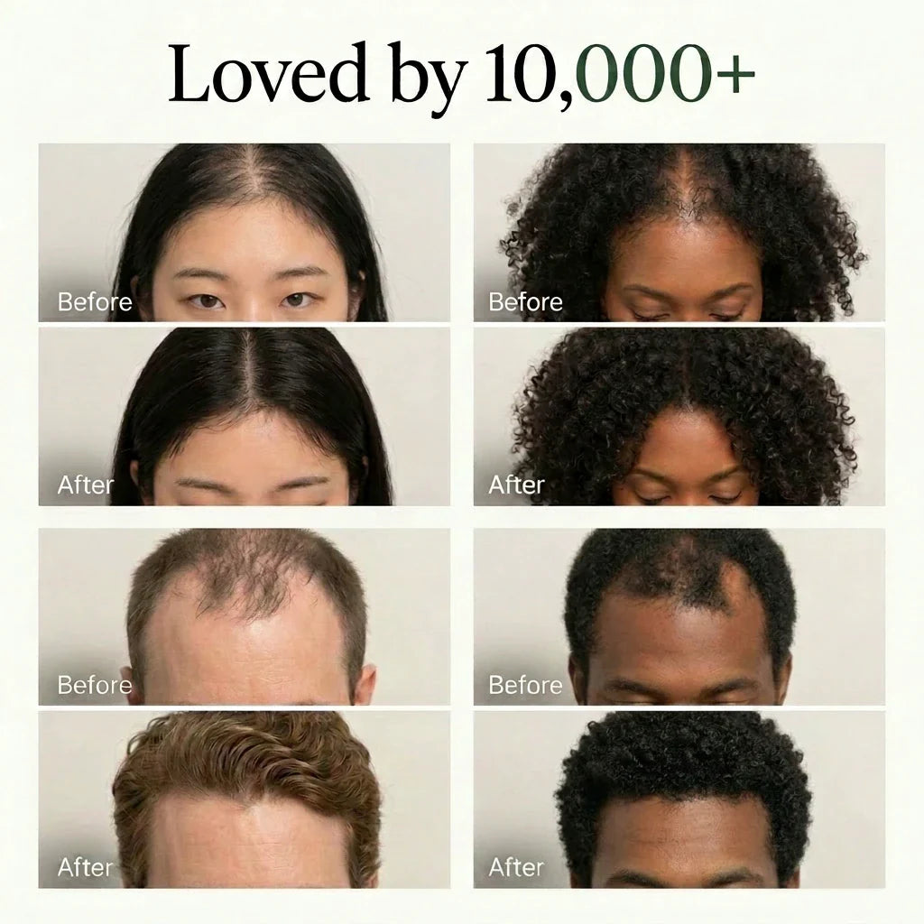 Grid of multiple customer before and after hair growth results loved by ten thousand plus users
